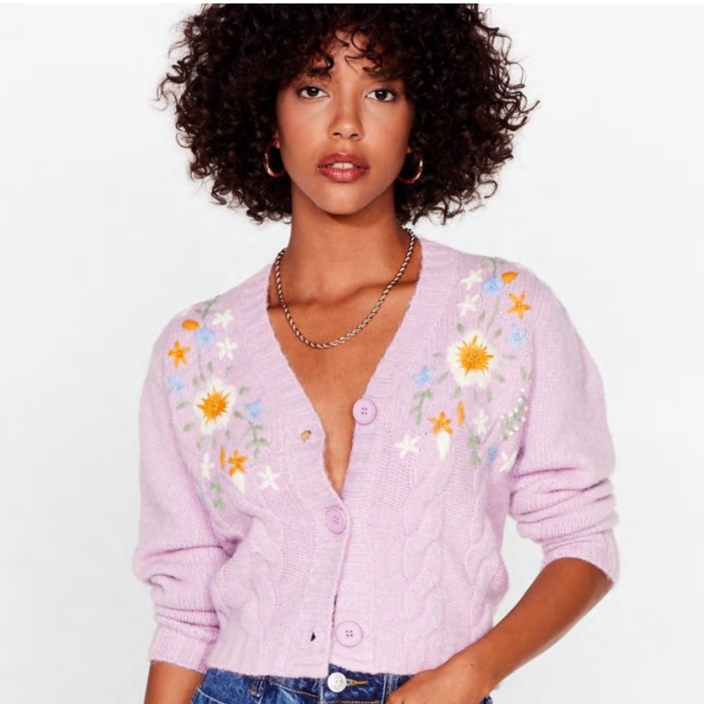 NastyGal Embroidered Cable Cardigan Lilac